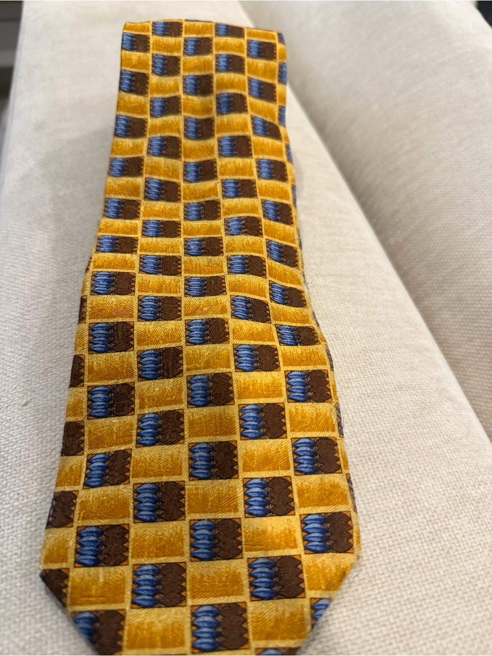 Ermenegildo Zegna Men’s Gold Silk Tie Blue Brown Geometric Made in Italy Vintage